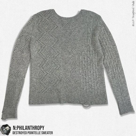 N:PHILANTHROPY DECONSTRUCTED POINTELLE CABLE KNIT SWEATER SHADOW WOOL CASHMERE - Picture 12 of 15
